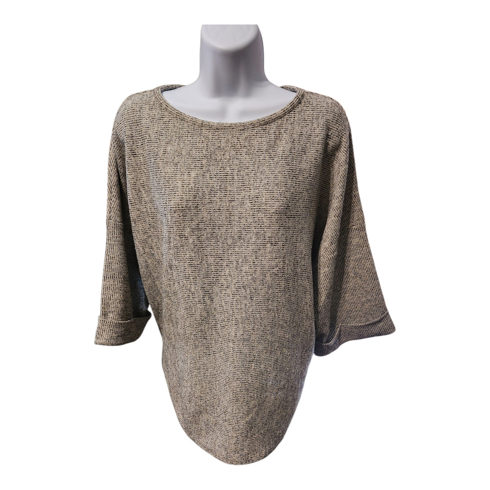 Max Studio London Marled Knit Boatneck Top Tan Black 3/4 Sleeve Oversized L